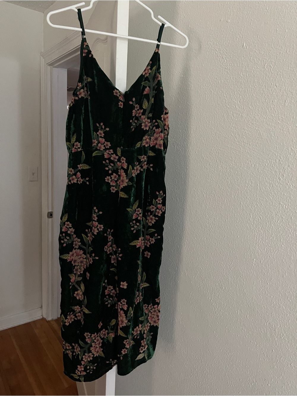 J.O.A. Green Velvet Midi Slip Dress with Pink Floral Print